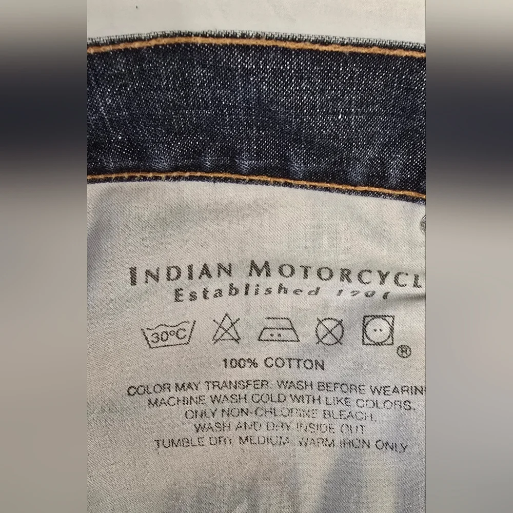 RARE Vintage Indian Motocycle Denim Jeans Chief Head Wings Blue Straight 34x32